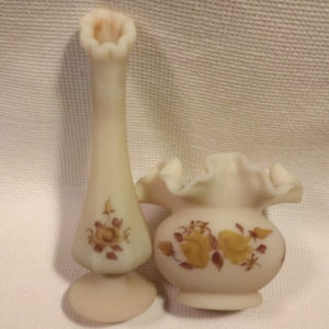2 Pc Fenton Vases Cream n Yellow Artist Signed